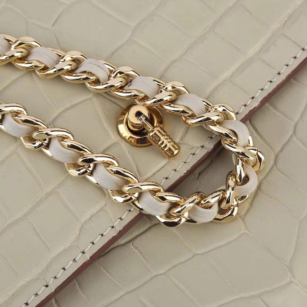 Women's Crocodile Leather  Pouches Chain Pouchette Clutch Bags Cream