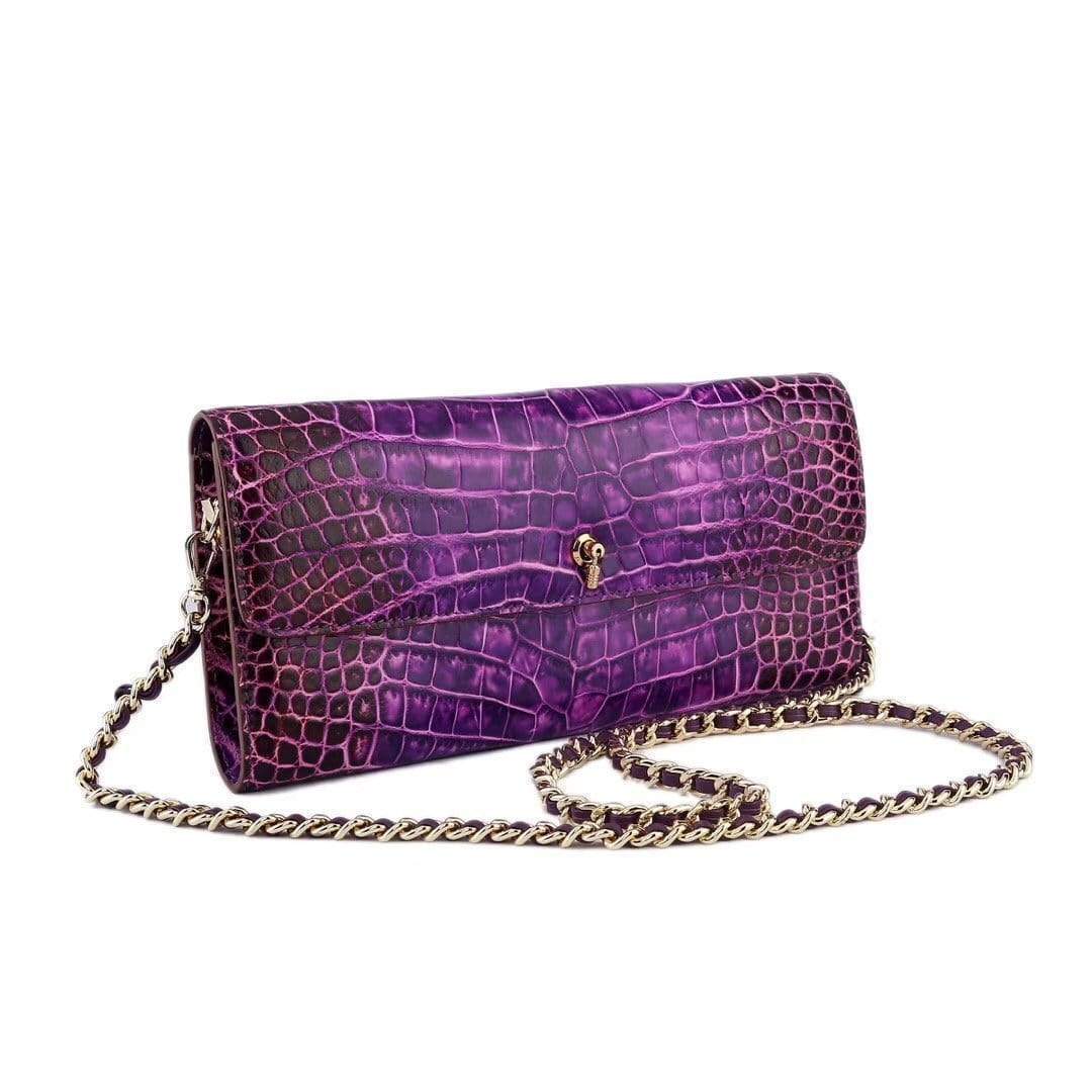 Women's Crocodile Leather  Pouches Chain Pouchette Clutch Bags  Purple