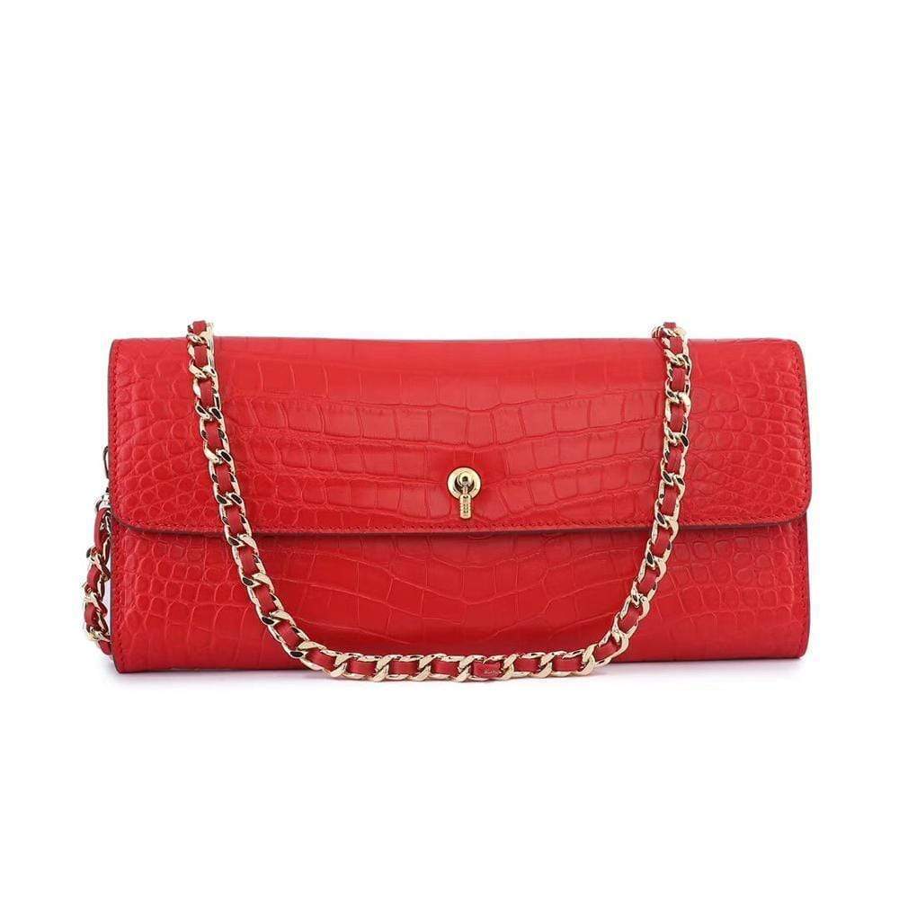 Women's Crocodile Leather  Pouches Chain Pouchette Clutch Bags Red