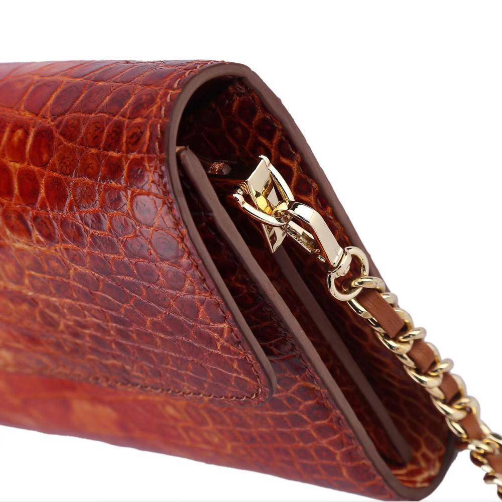 Women's Crocodile Leather  Pouches Chain Pouchette Clutch Bags Orange