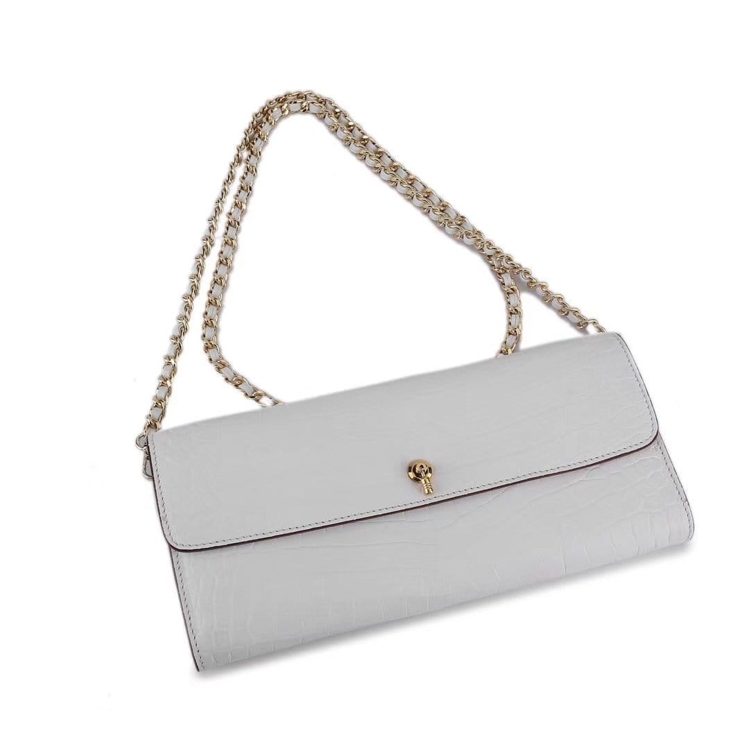 Women's Crocodile Leather  Pouches Chain Pouchette Clutch Bags White