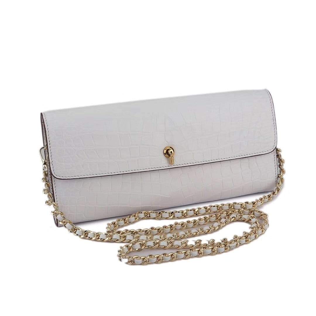 Women's Crocodile Leather  Pouches Chain Pouchette Clutch Bags White