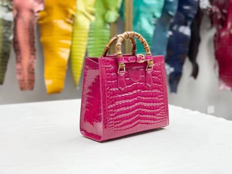 Women's High Glossy Beaded Crocodile Leather Bamboo Top Handle Bag Peach