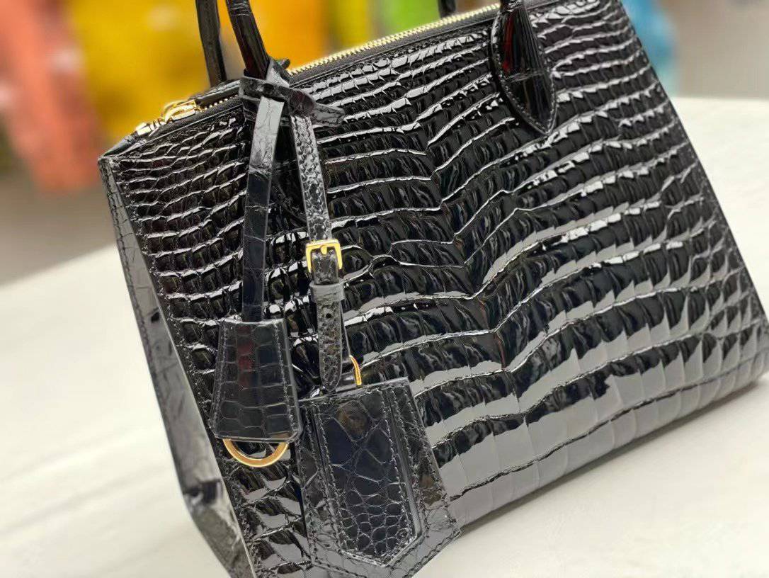 Women's High Glossy Beaded Crocodile Leather Top Handle  Cross Body Bag