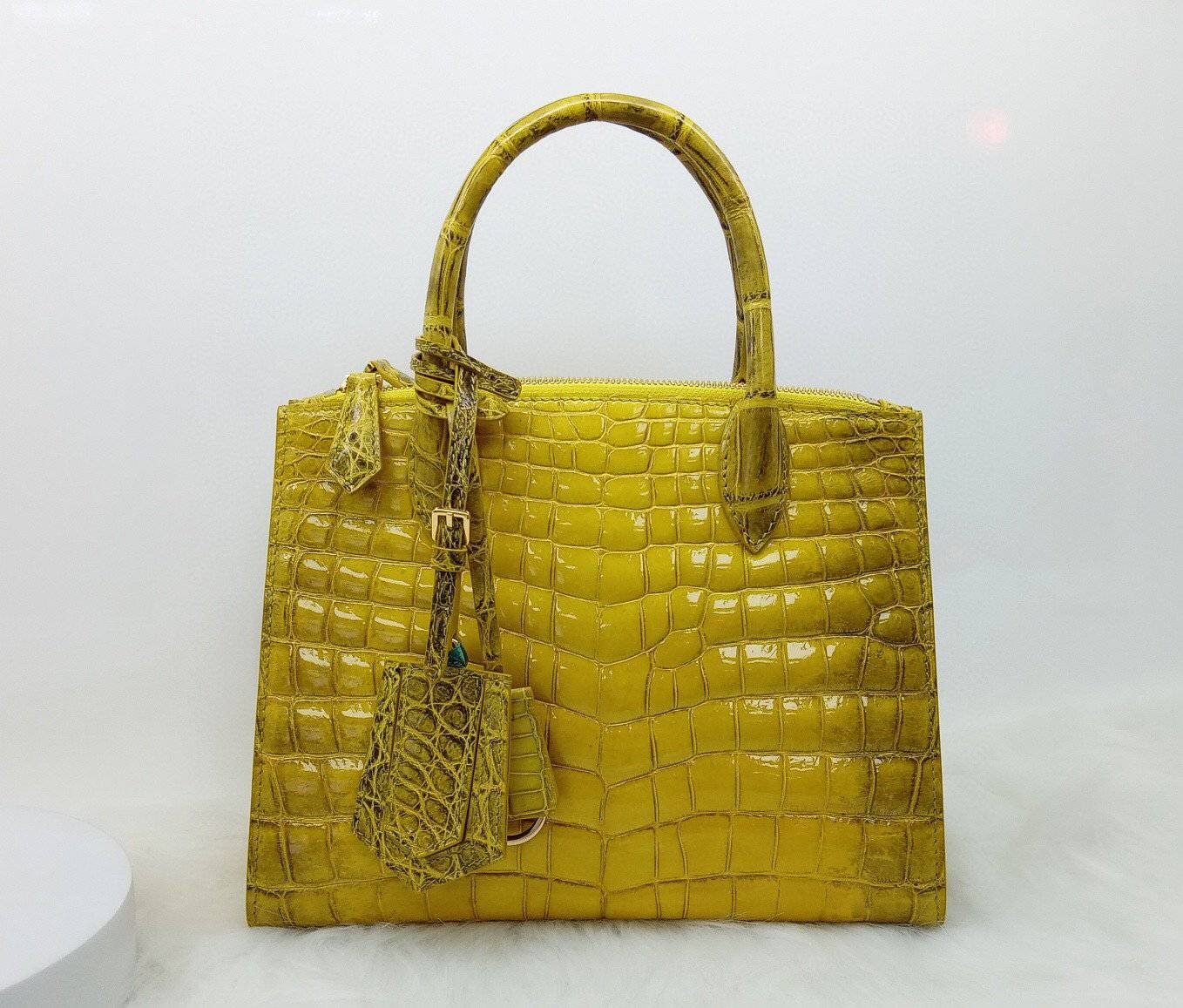 Women's High Glossy Beaded Crocodile Leather Top Handle  Cross Body Bag  Himalaya Yellow