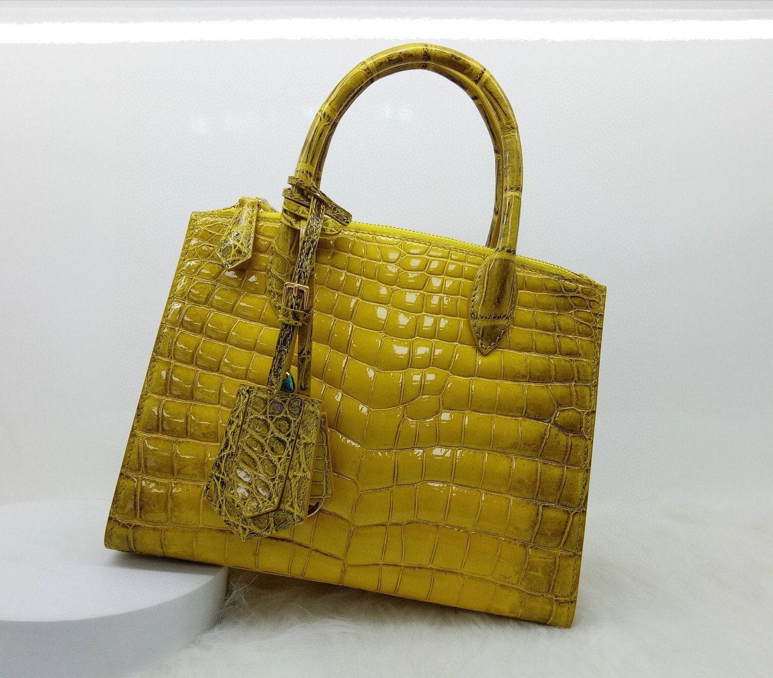 Women's High Glossy Beaded Crocodile Leather Top Handle  Cross Body Bag  Himalaya Yellow