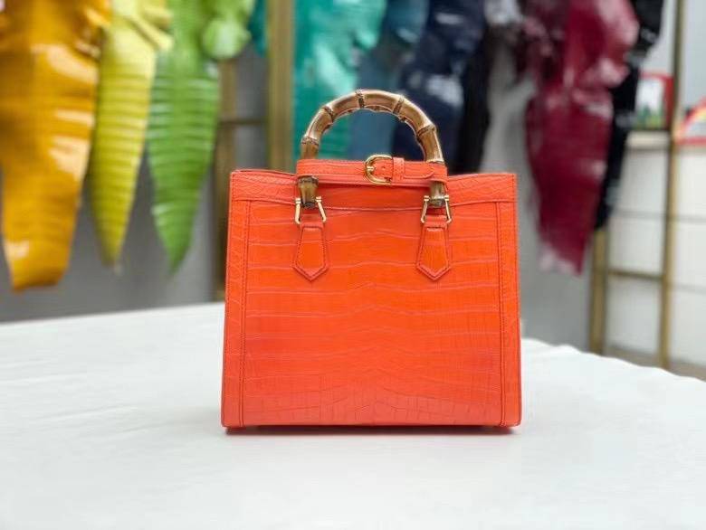 Women's Matt Crocodile Leather Bamboo Top Handle Bag Orange