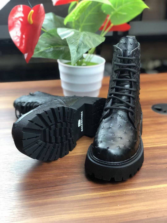 Crocodile Shoes Women's Ostrich Leather Parker Combat Boots Black