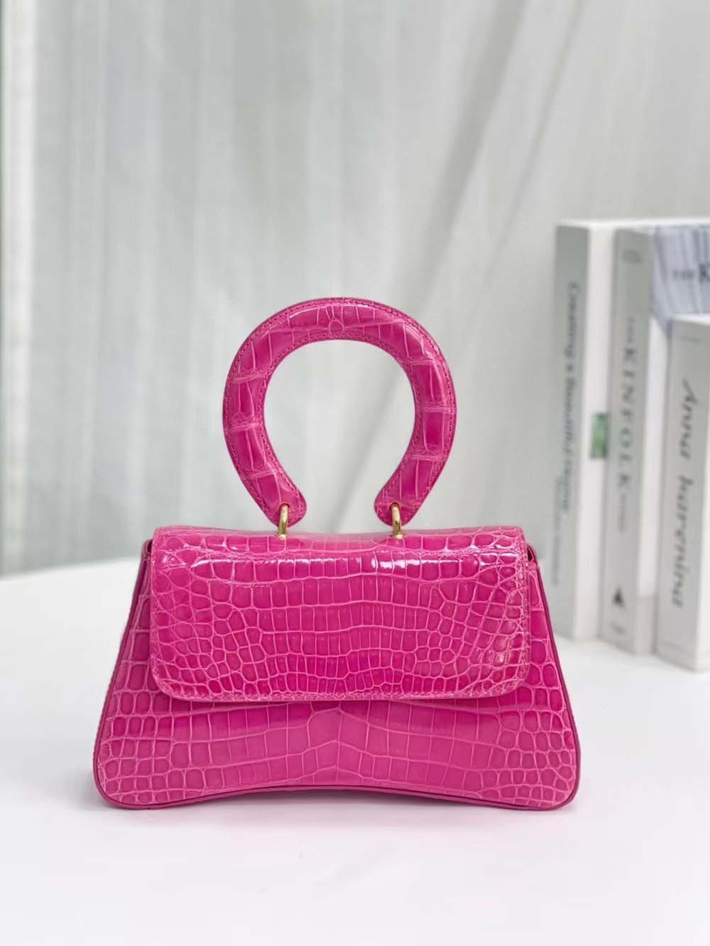 Women Shiny Crocodile Leather Cross Body Round Handle Bag Mini