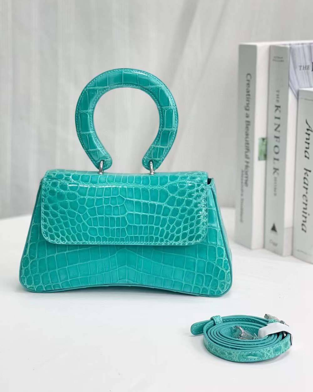 Women Shiny Crocodile Leather Cross Body Round Handle Bag Mini