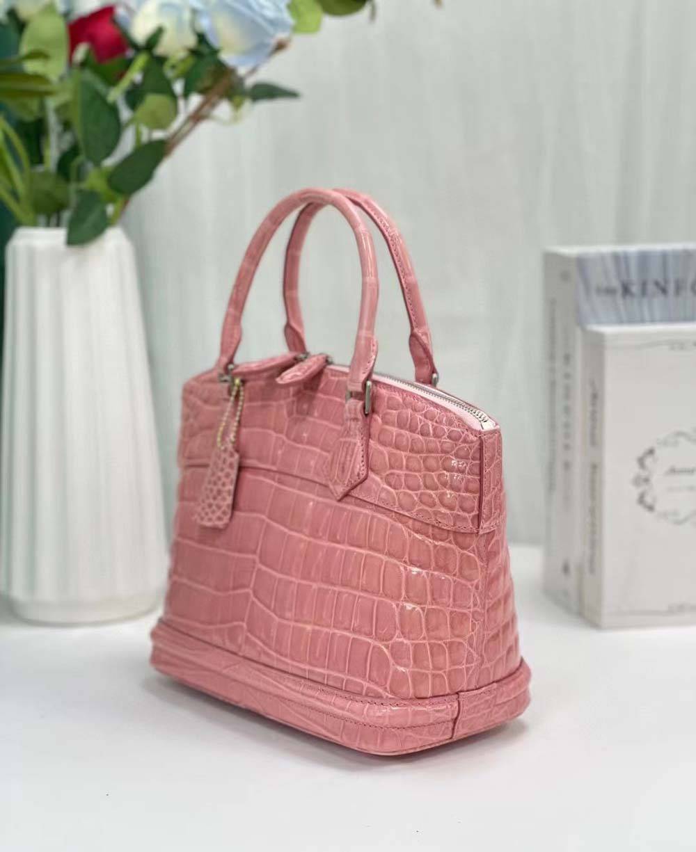 Women Shiny Crocodile Leather Top Handle Satchel Bag Rose Sakuras