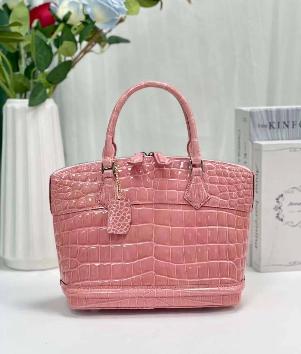 Women Shiny Crocodile Leather Top Handle Satchel Bag Rose Sakuras