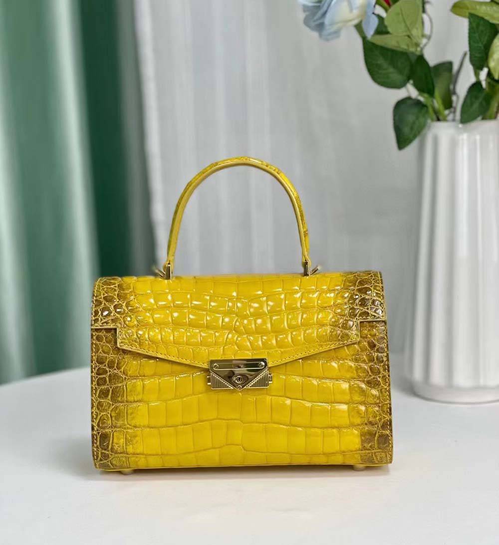 Women Shiny Himalaya Yellow Beaded Crocodile Leather Top Handle Satchel Bag