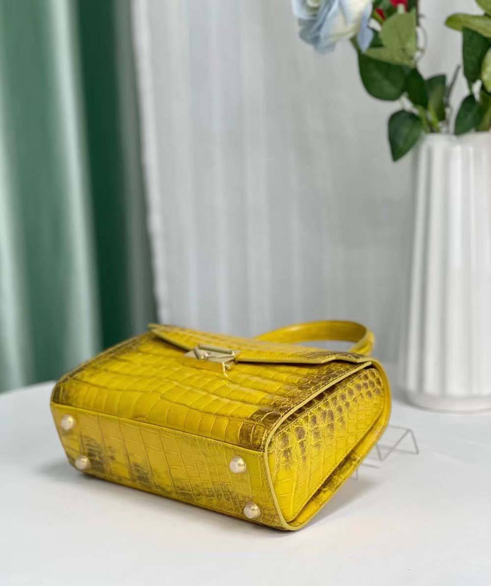 Women Shiny Himalaya Yellow Beaded Crocodile Leather Top Handle Satchel Bag