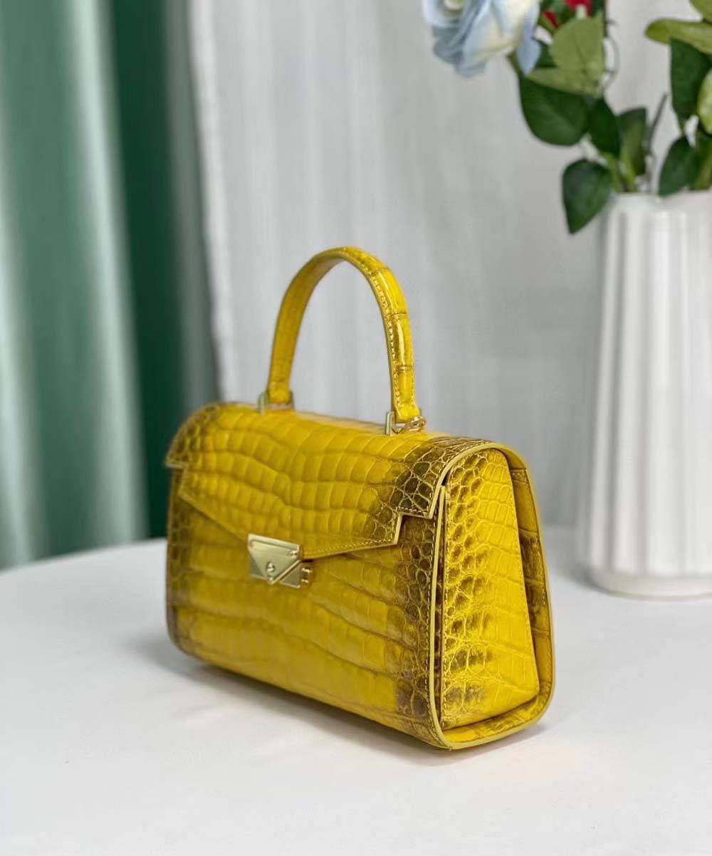 Women Shiny Himalaya Yellow Beaded Crocodile Leather Top Handle Satchel Bag