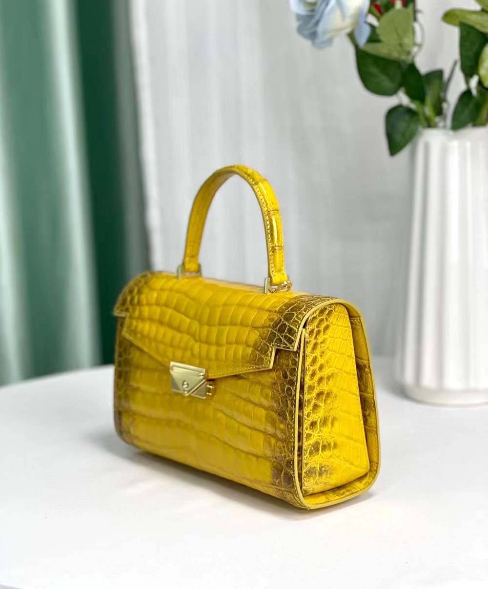 Women Shiny Himalaya Yellow Beaded Crocodile Leather Top Handle Satchel Bag