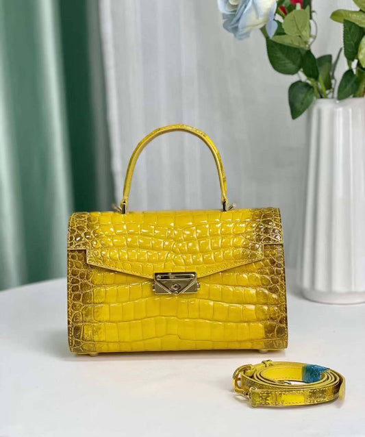 Women Shiny Himalaya Yellow Beaded Crocodile Leather Top Handle Satchel Bag