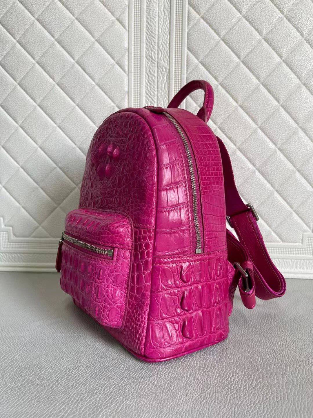 Womens Crocodile Leather Backpack Peach & Red