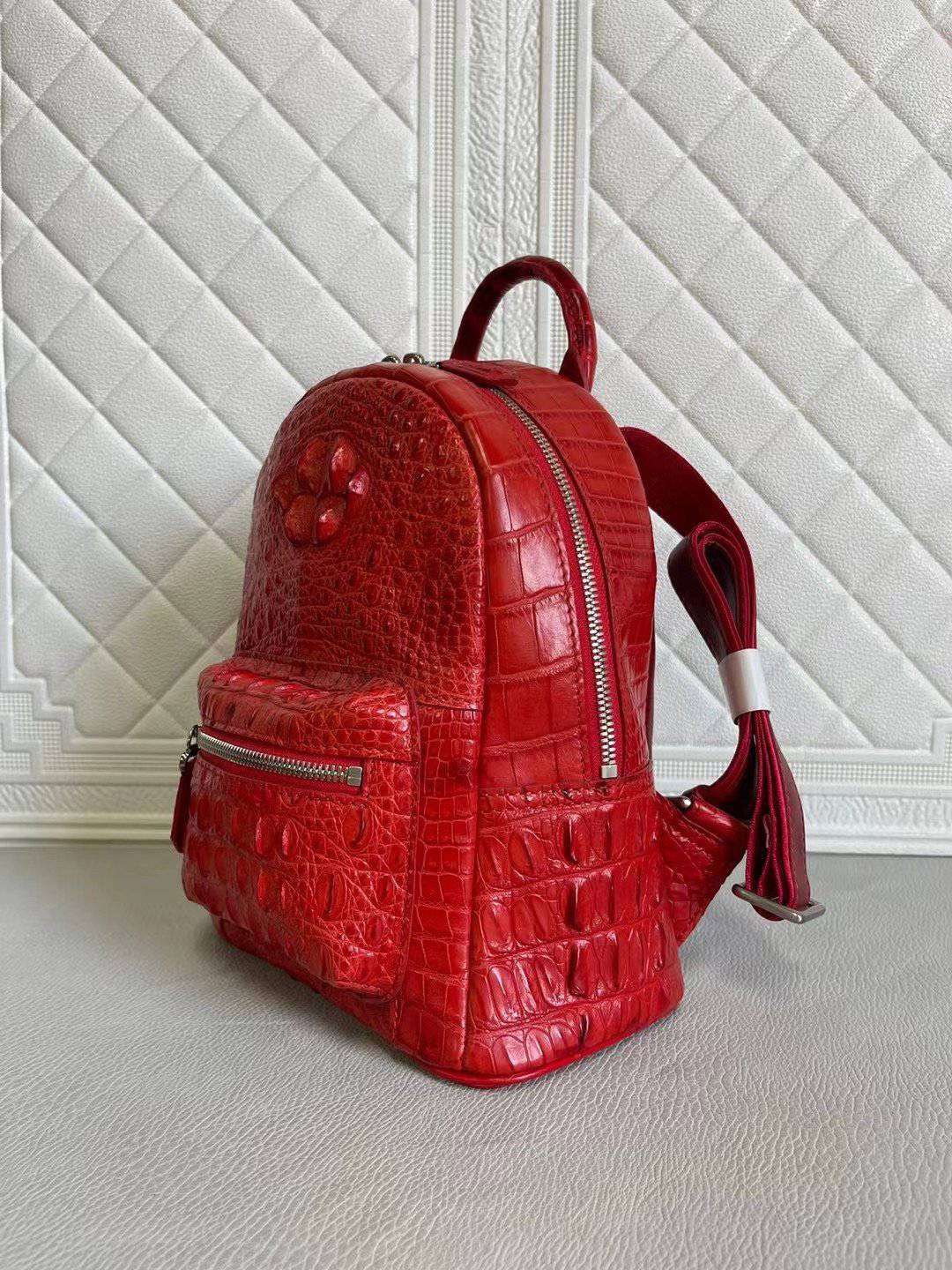 Womens Crocodile Leather Backpack Peach & Red