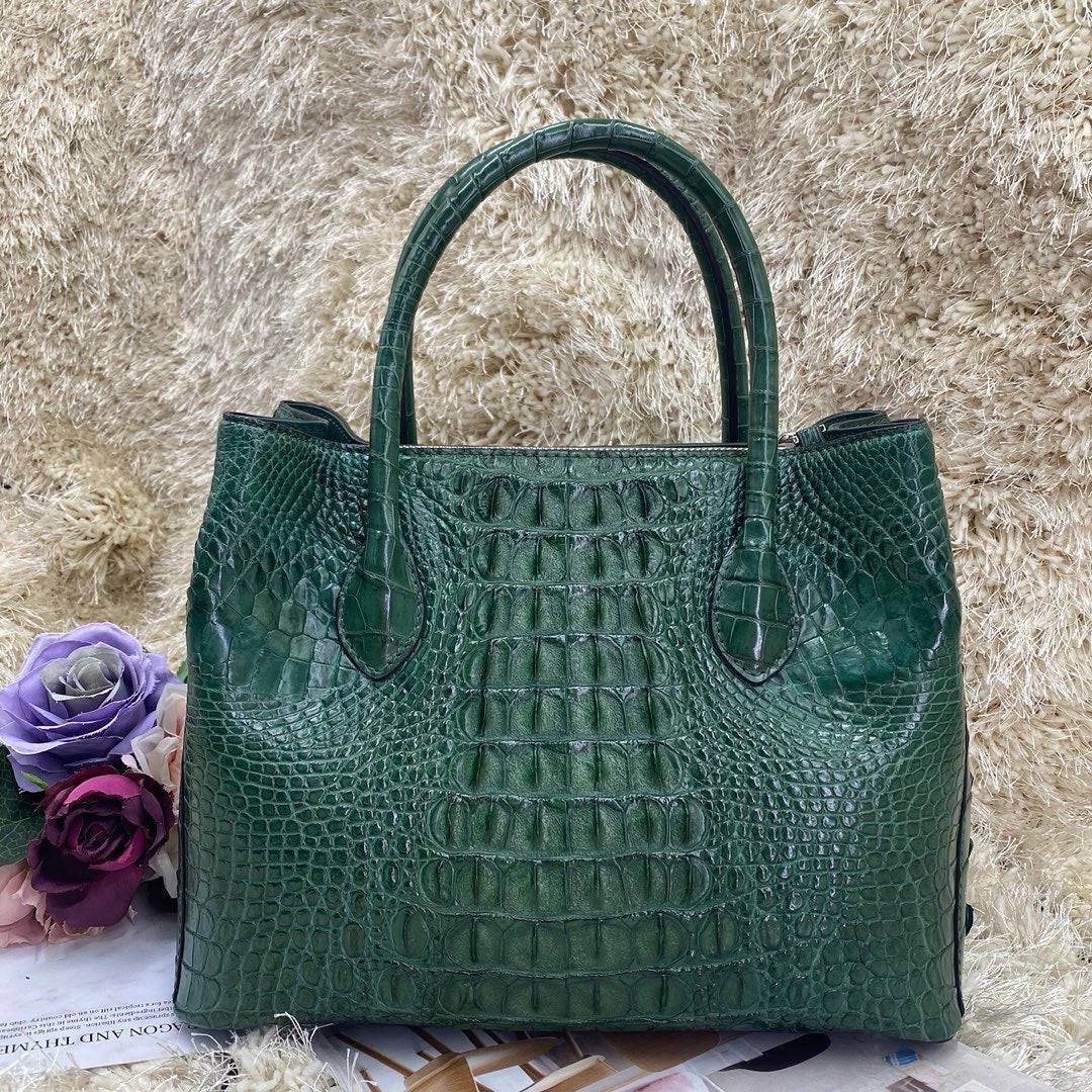 Womens Crocodile  Skin  Leather Satchel Bag 30cm Dark Green