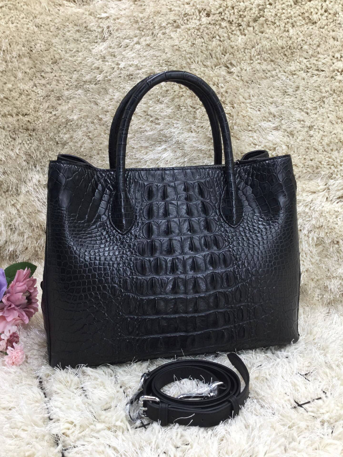 Borsa cartella da donna in pelle di coccodrillo 30cm nera