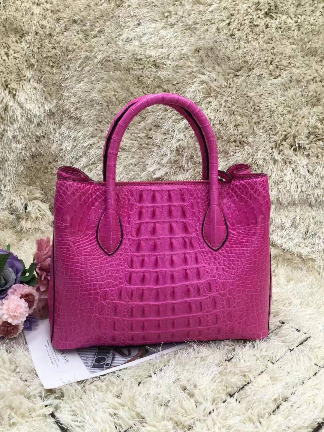 Womens Crocodile  Skin  Leather Satchel Bag 30cm Pink