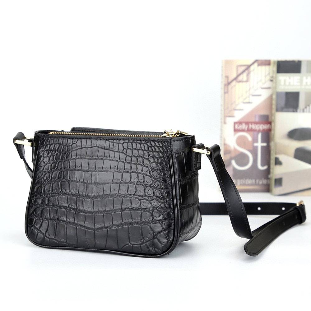 Crocodile Leather Womens Cross Body Shoulder Bag Black