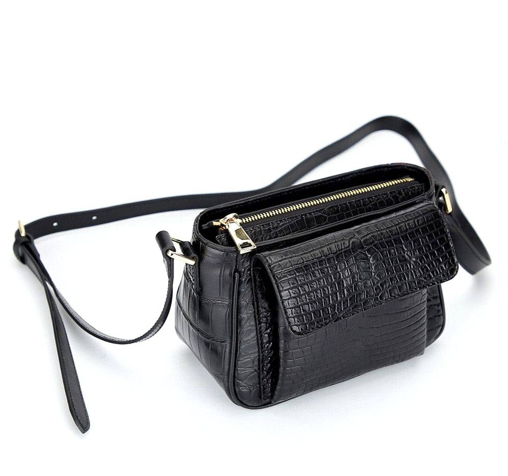 Crocodile Leather Womens Cross Body Shoulder Bag Black