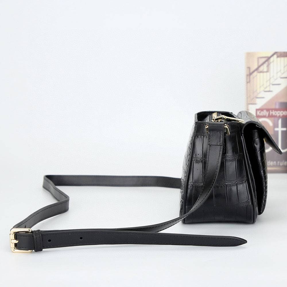 Crocodile Leather Womens Cross Body Shoulder Bag Black