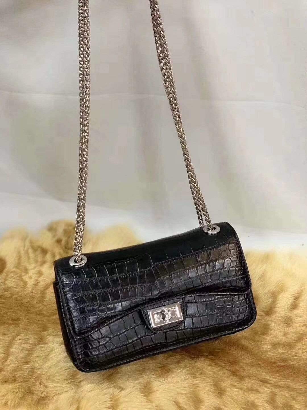 Womens Genuine Crocodile Leather Flap Chain Bag Small Size