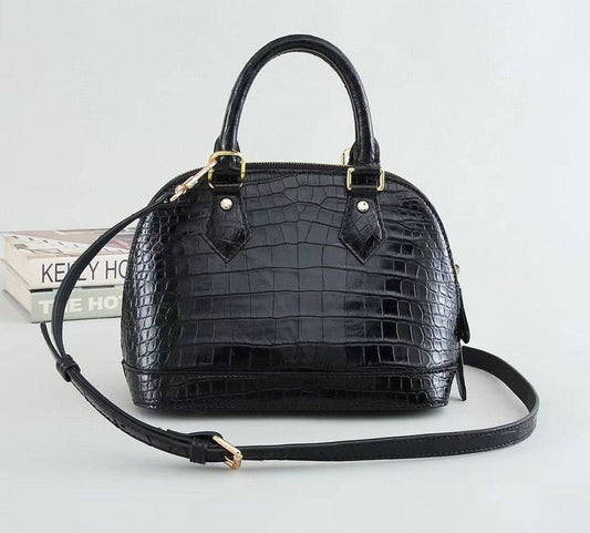 Womens Genuine Crocodile Leather Medium Shell Promennade Trapezoid Cross Body Bag Black