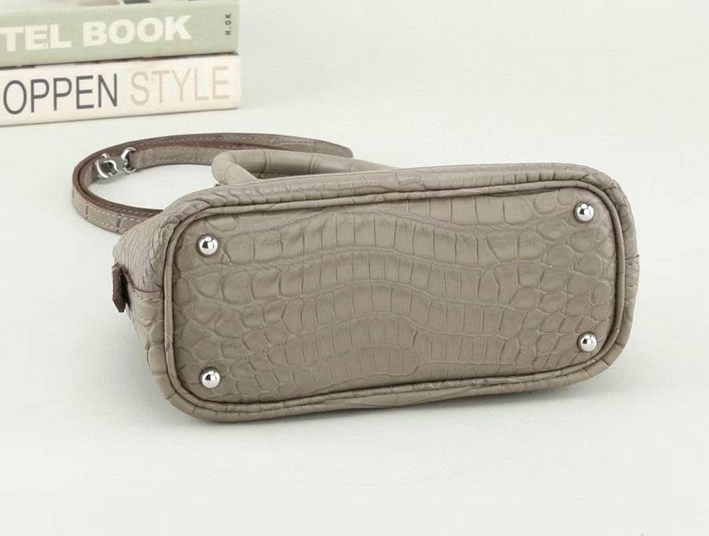 Womens Genuine Crocodile Leather Small Shell Promennade Trapezoid Cross Body Bag Grey