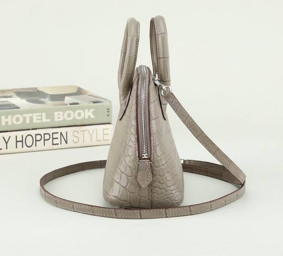 Womens Genuine Crocodile Leather Small Shell Promennade Trapezoid Cross Body Bag Grey