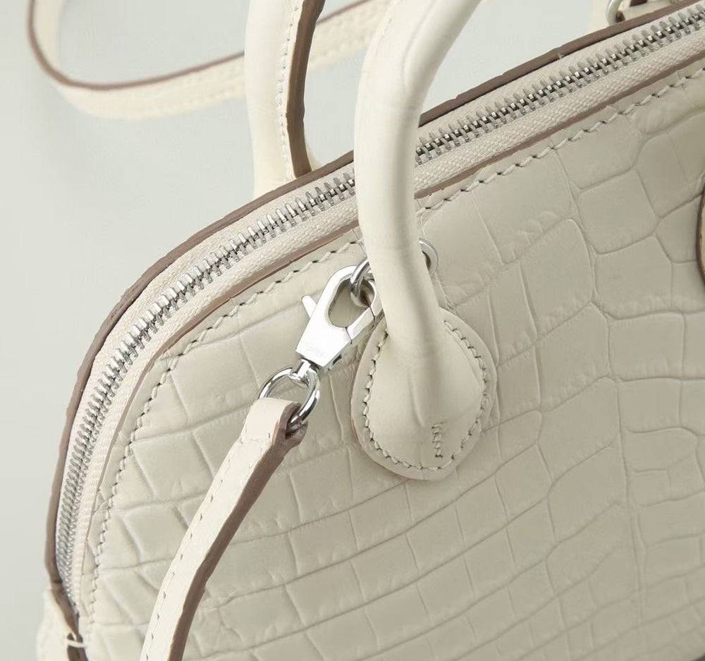 Womens Genuine Crocodile Leather Small Shell Promennade Trapezoid Cross Body Bag Ivory