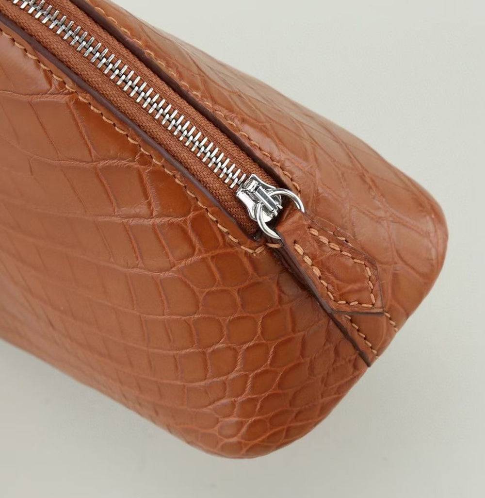 Womens Genuine Crocodile Leather Small Shell Promennade Trapezoid Cross Body Bag Tan