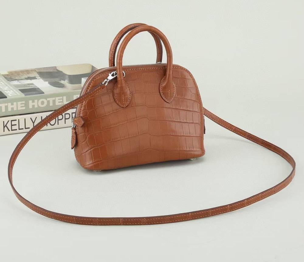 Womens Genuine Crocodile Leather Small Shell Promennade Trapezoid Cross Body Bag Tan