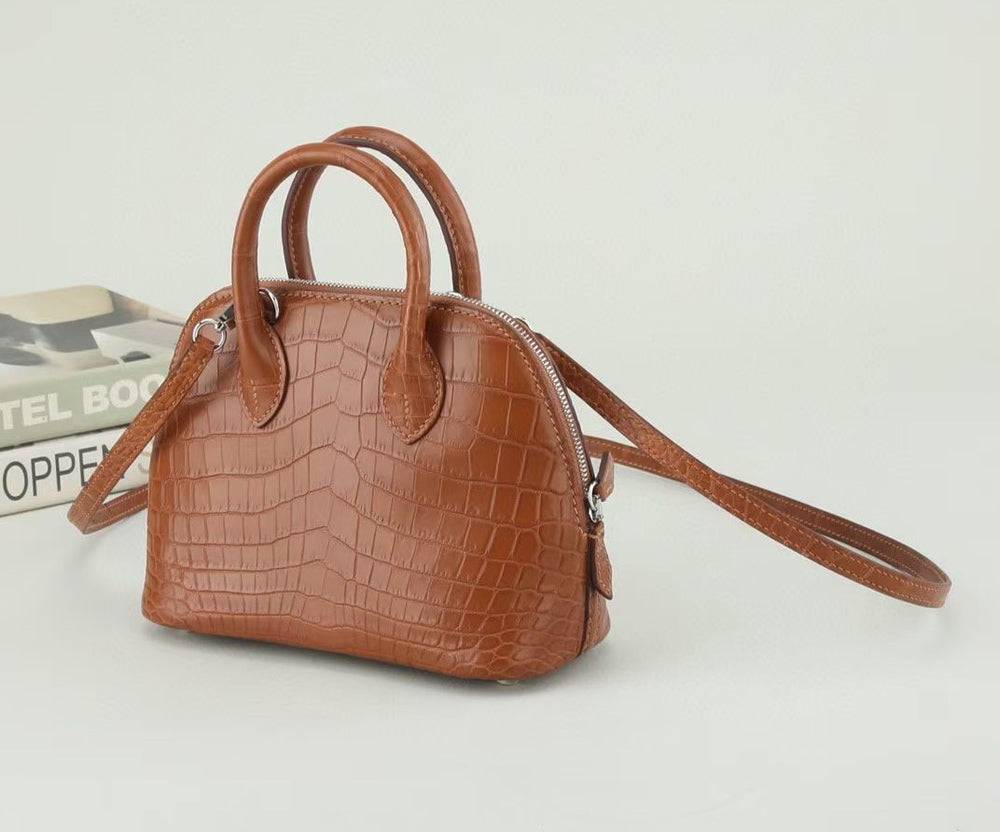 Womens Genuine Crocodile Leather Small Shell Promennade Trapezoid Cross Body Bag Tan