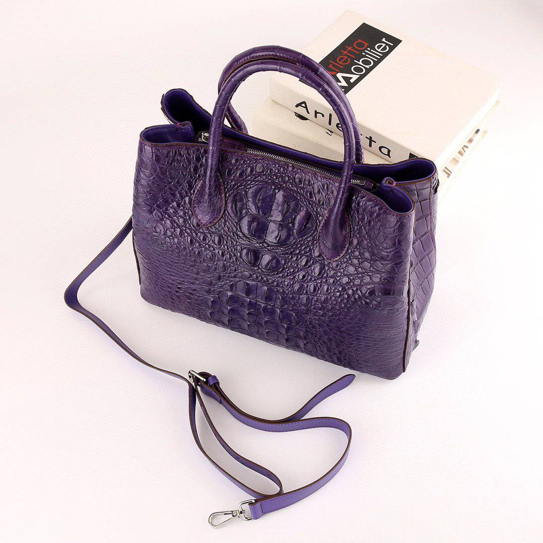 Womens Genuine Crocodile Leather Top Handle Satchel Handbag Purple 32cm