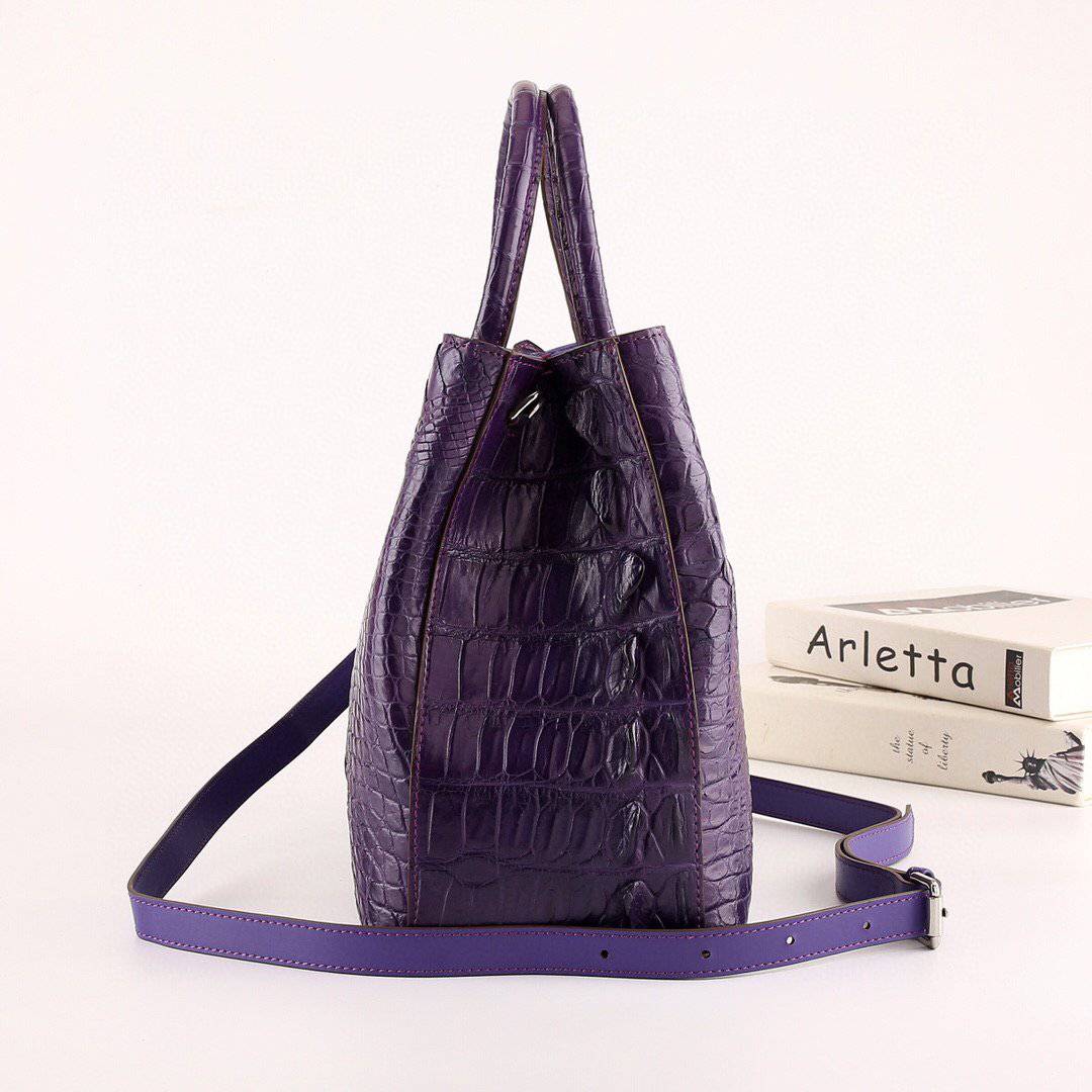 Womens Genuine Crocodile Leather Top Handle Satchel Handbag Purple 32cm