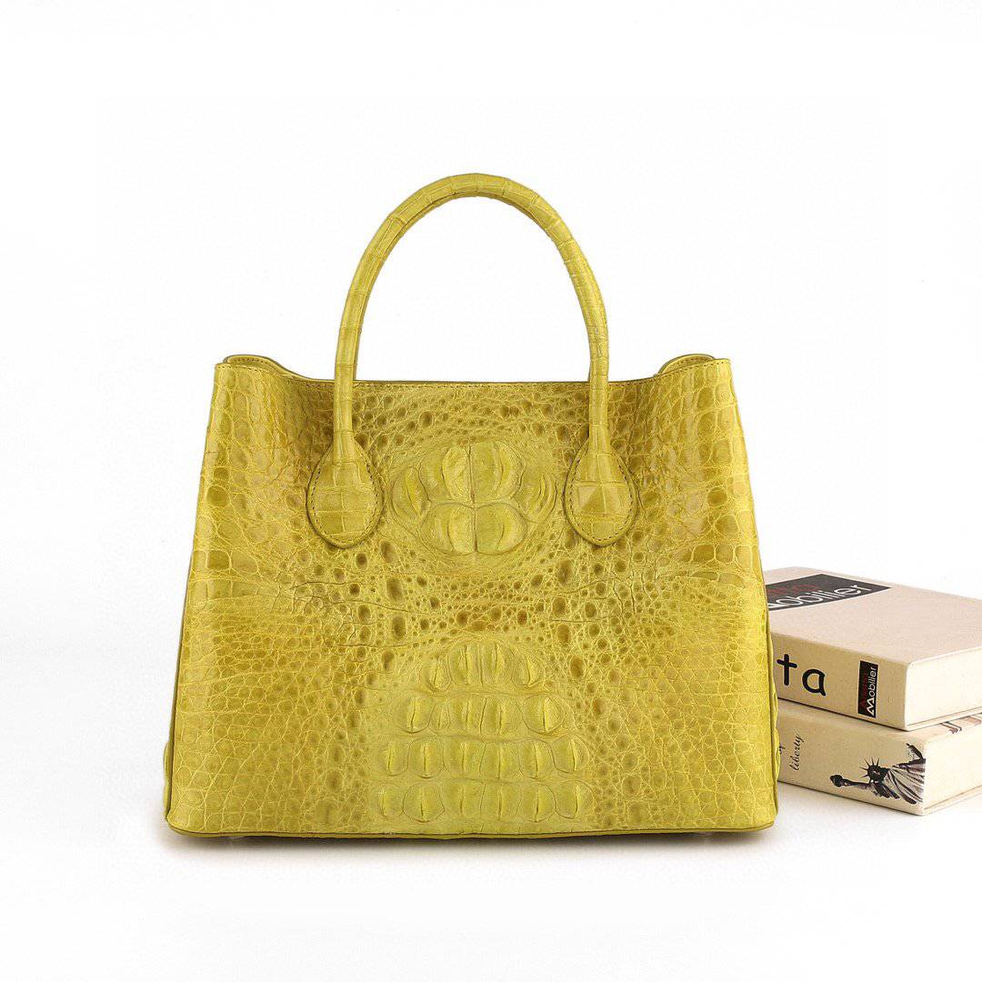 Womens Genuine Crocodile Leather Top Handle Satchel Handbag Yellow 32cm