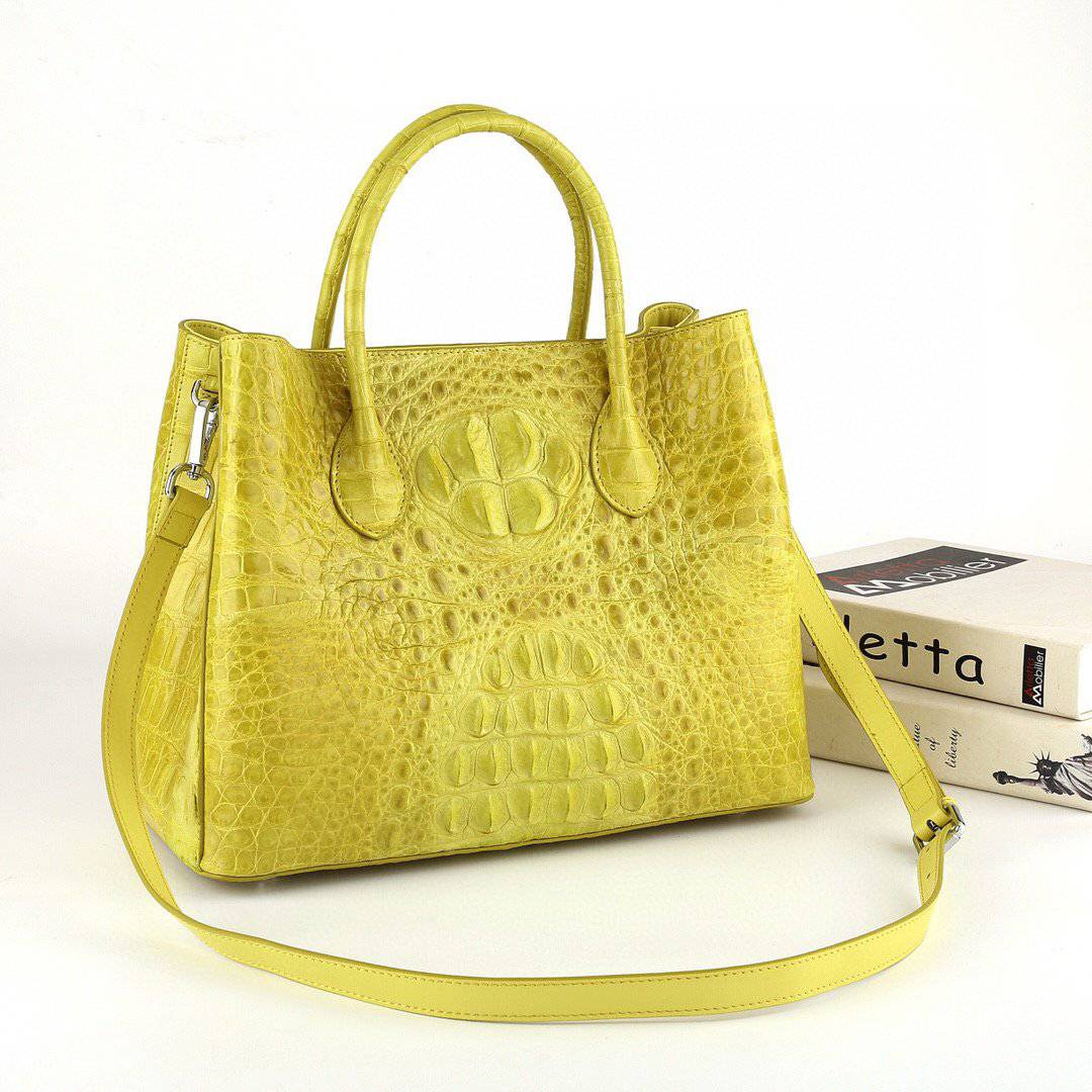 Womens Genuine Crocodile Leather Top Handle Satchel Handbag Yellow 32cm