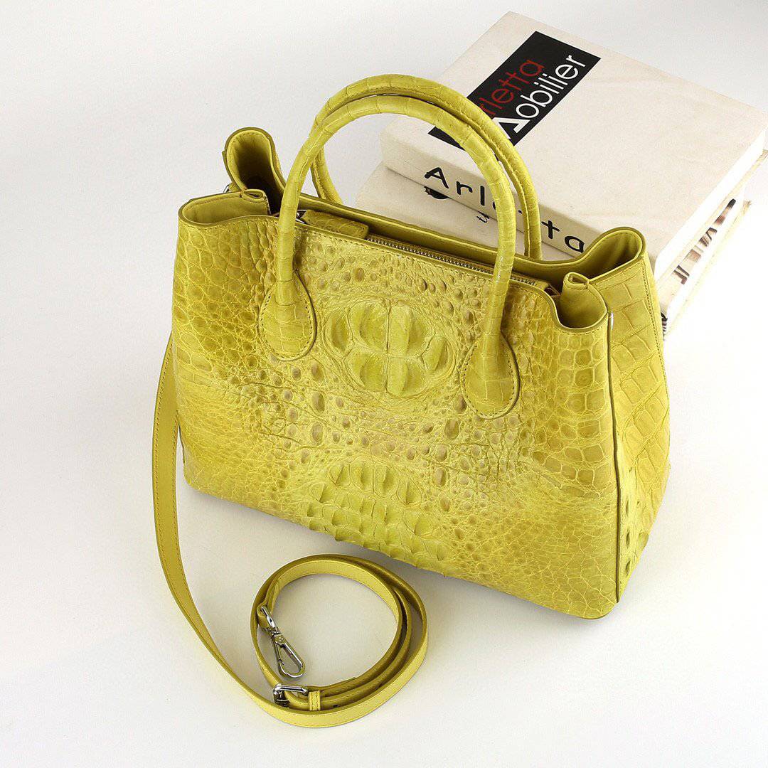 Womens Genuine Crocodile Leather Top Handle Satchel Handbag Yellow 32cm