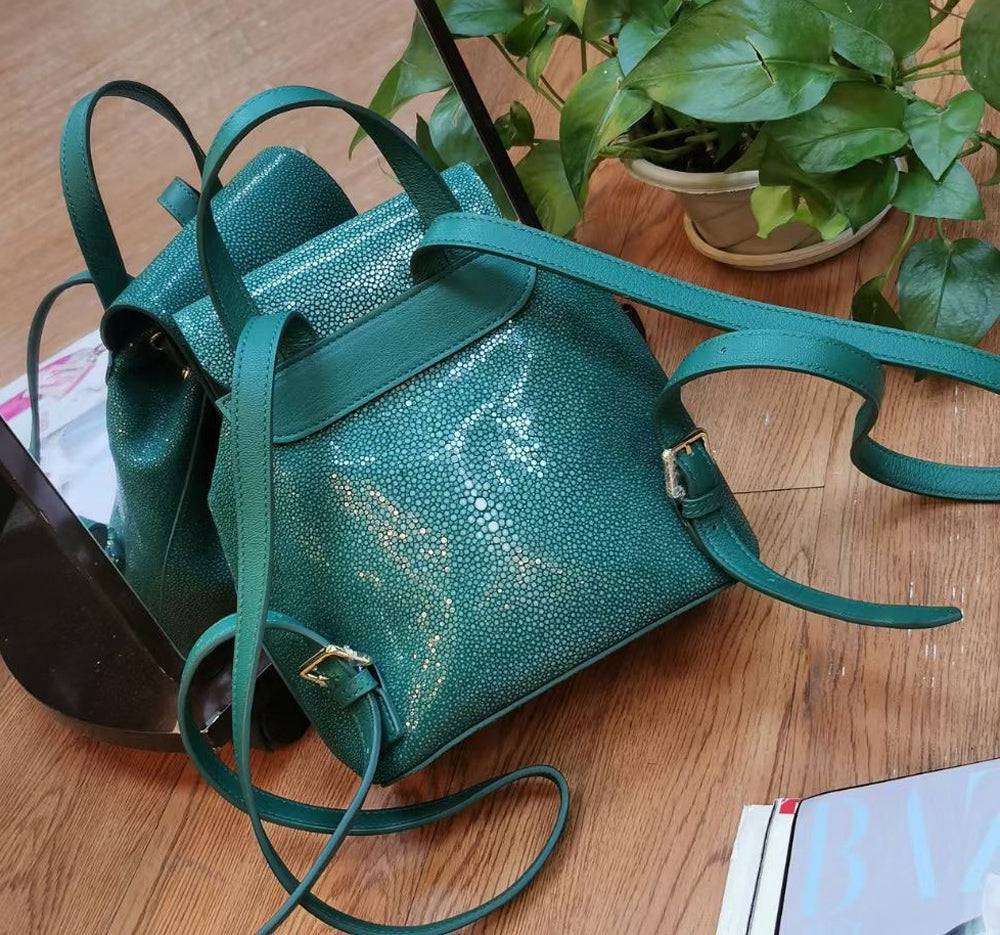 Womens Green Mini DrawstringPearl Stingray Leather Backpack, GenuinePearl Stingray Leather Bag,Pearl Stingray Leather Backpack