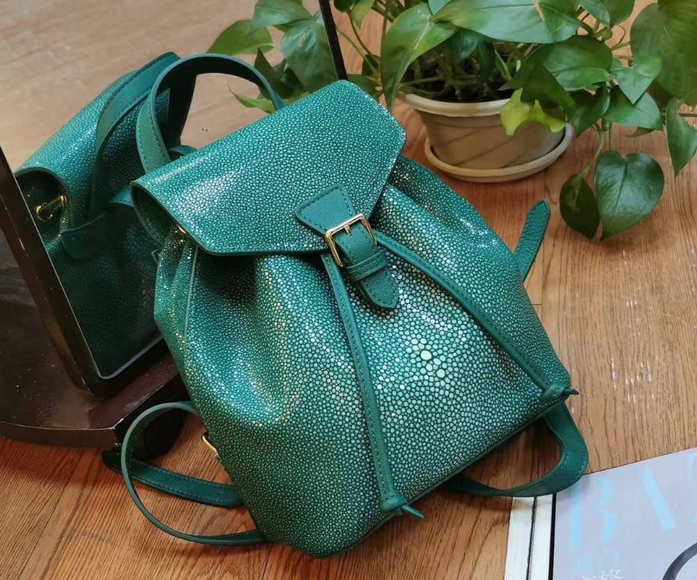 Womens Green Mini DrawstringPearl Stingray Leather Backpack, GenuinePearl Stingray Leather Bag,Pearl Stingray Leather Backpack