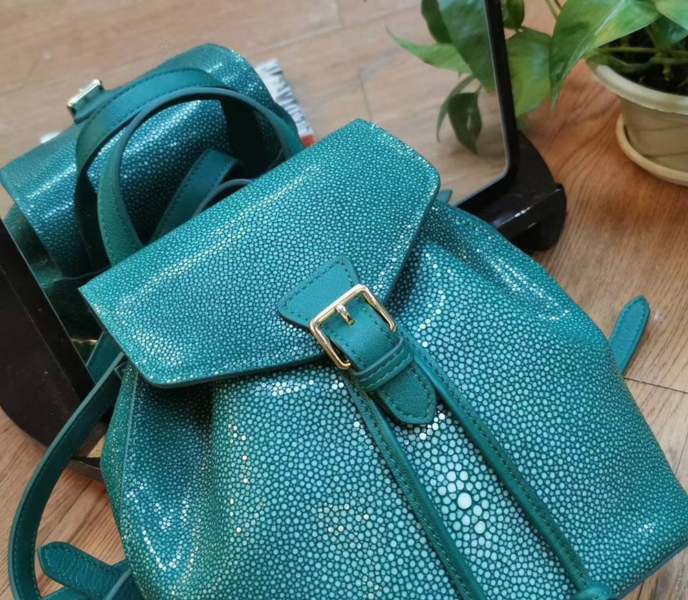 Womens Green Mini DrawstringPearl Stingray Leather Backpack, GenuinePearl Stingray Leather Bag,Pearl Stingray Leather Backpack