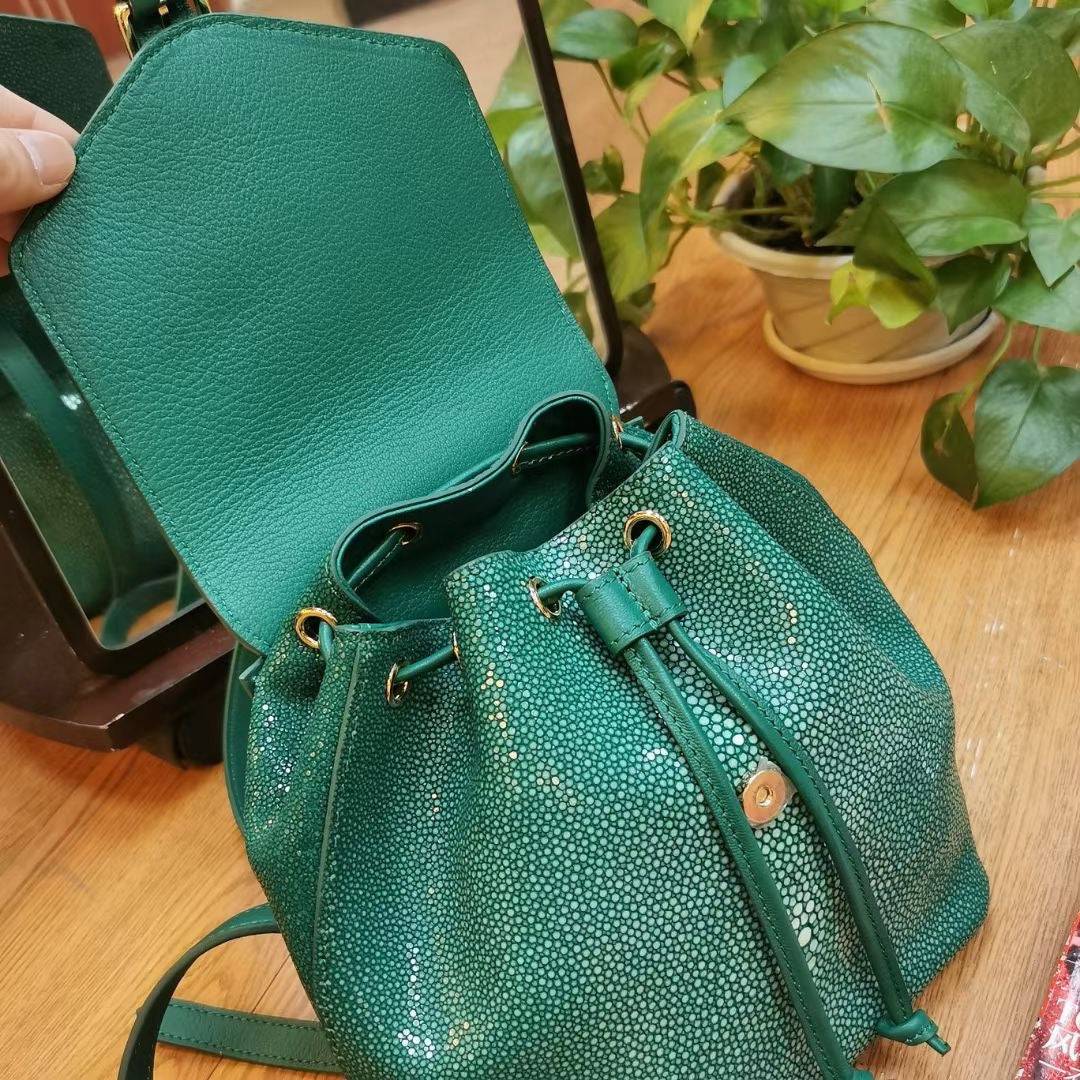 Womens Green Mini DrawstringPearl Stingray Leather Backpack, GenuinePearl Stingray Leather Bag,Pearl Stingray Leather Backpack