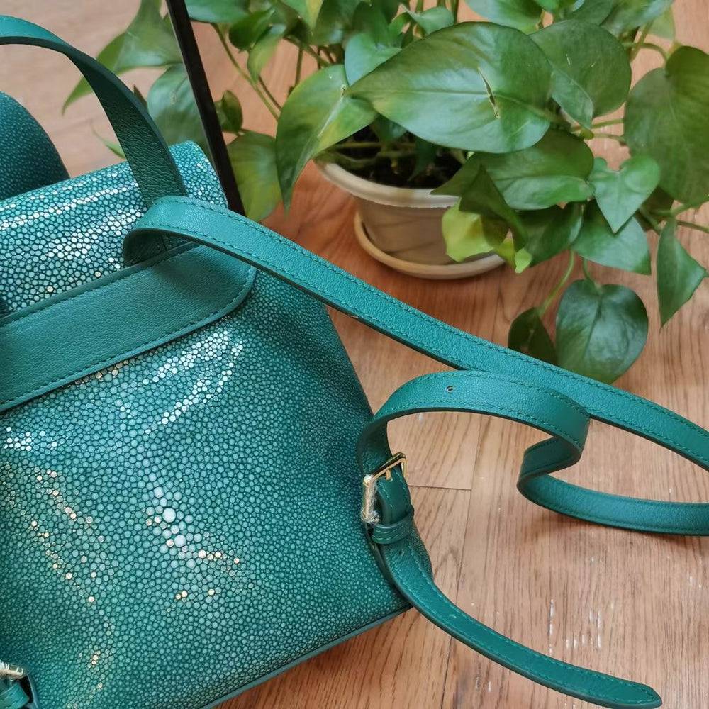 Womens Green Mini DrawstringPearl Stingray Leather Backpack, GenuinePearl Stingray Leather Bag,Pearl Stingray Leather Backpack