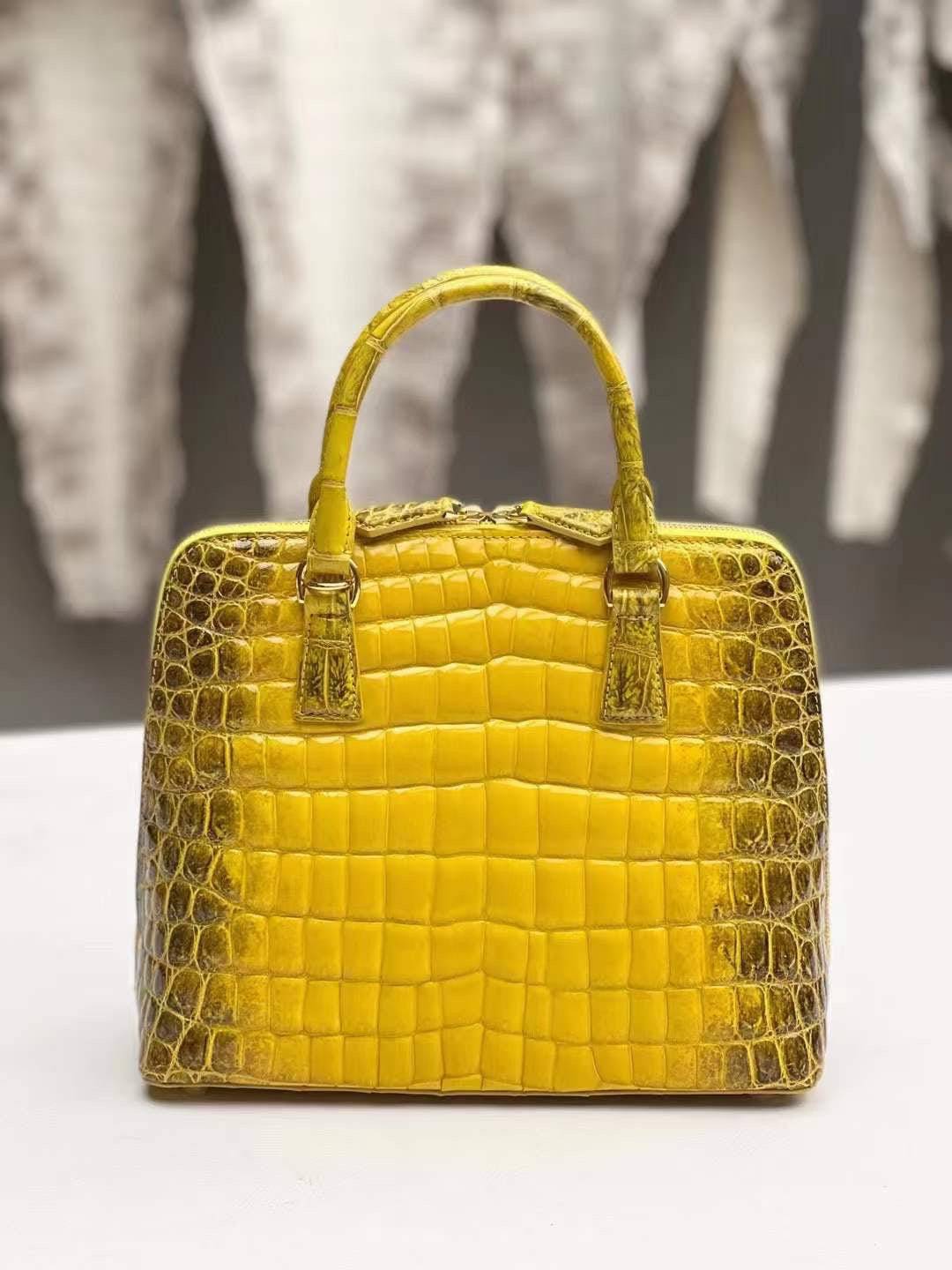 Womens Himalaya Yellow Shiny Beaded Crocodile Leather Top Handle Bag Large