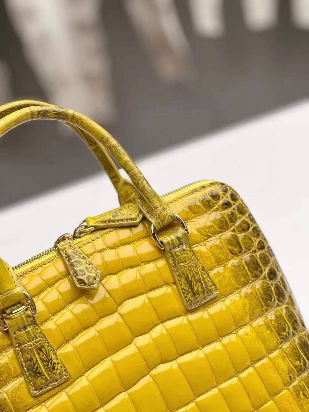 Womens Himalaya Yellow Shiny Beaded Crocodile Leather Top Handle Bag Large