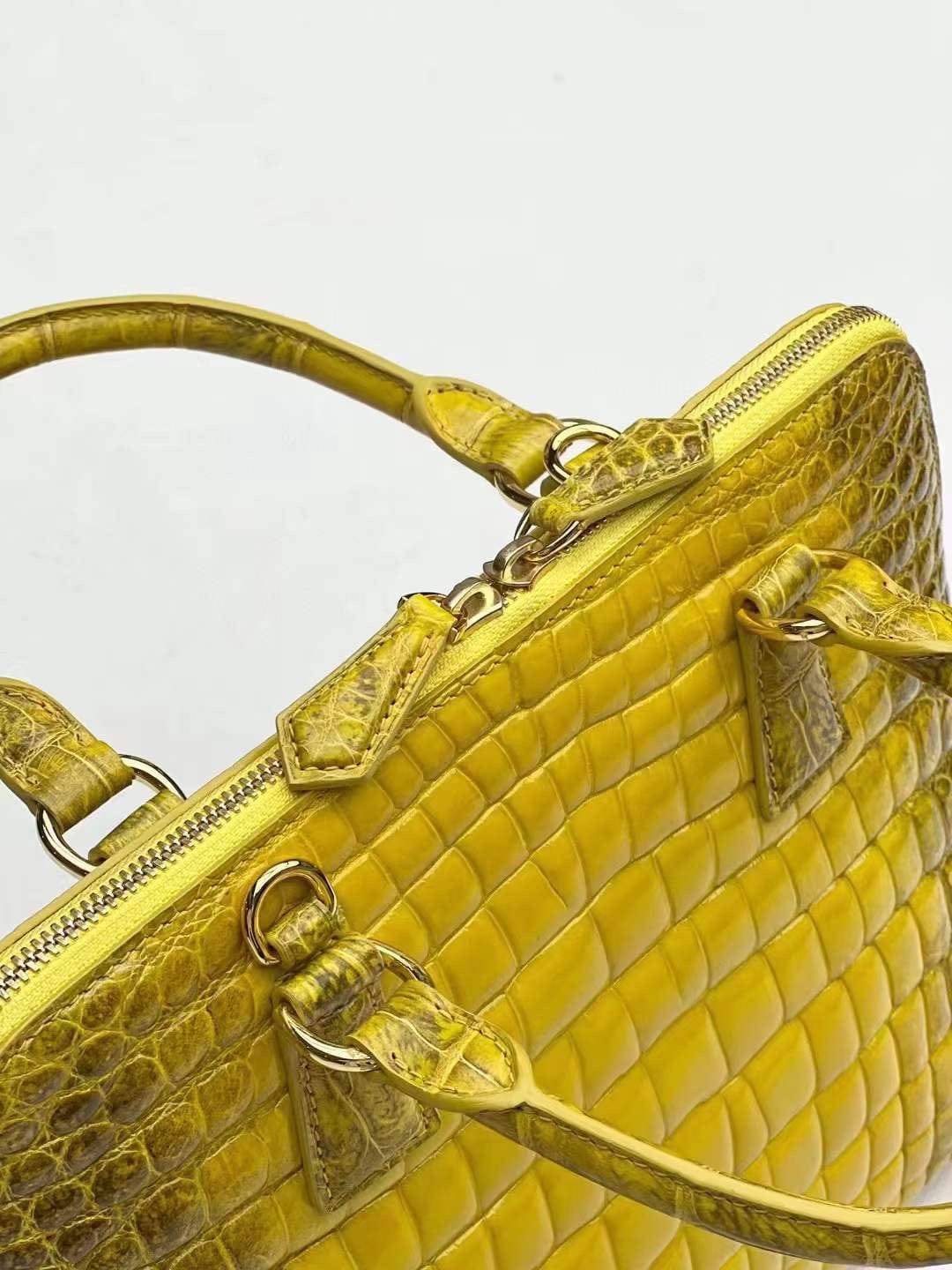 Womens Himalaya Yellow Shiny Beaded Crocodile Leather Top Handle Bag Large